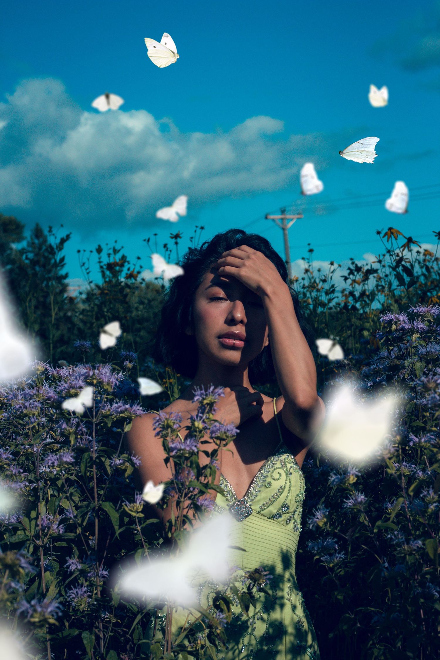Dreamy garden scene with floating white butterflies against blue sky.