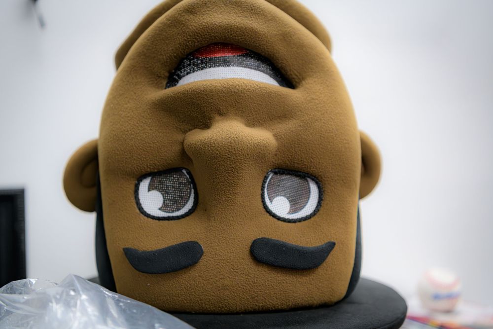 A large plush toy head with bulging eyes, eyebrows, and a rainbow-colored mouth visible on the top of its head.