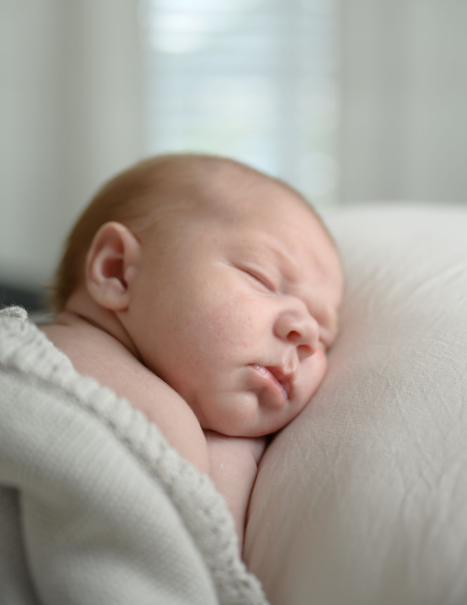 A peaceful newborn baby sleeps on soft white bedding in natural window light.