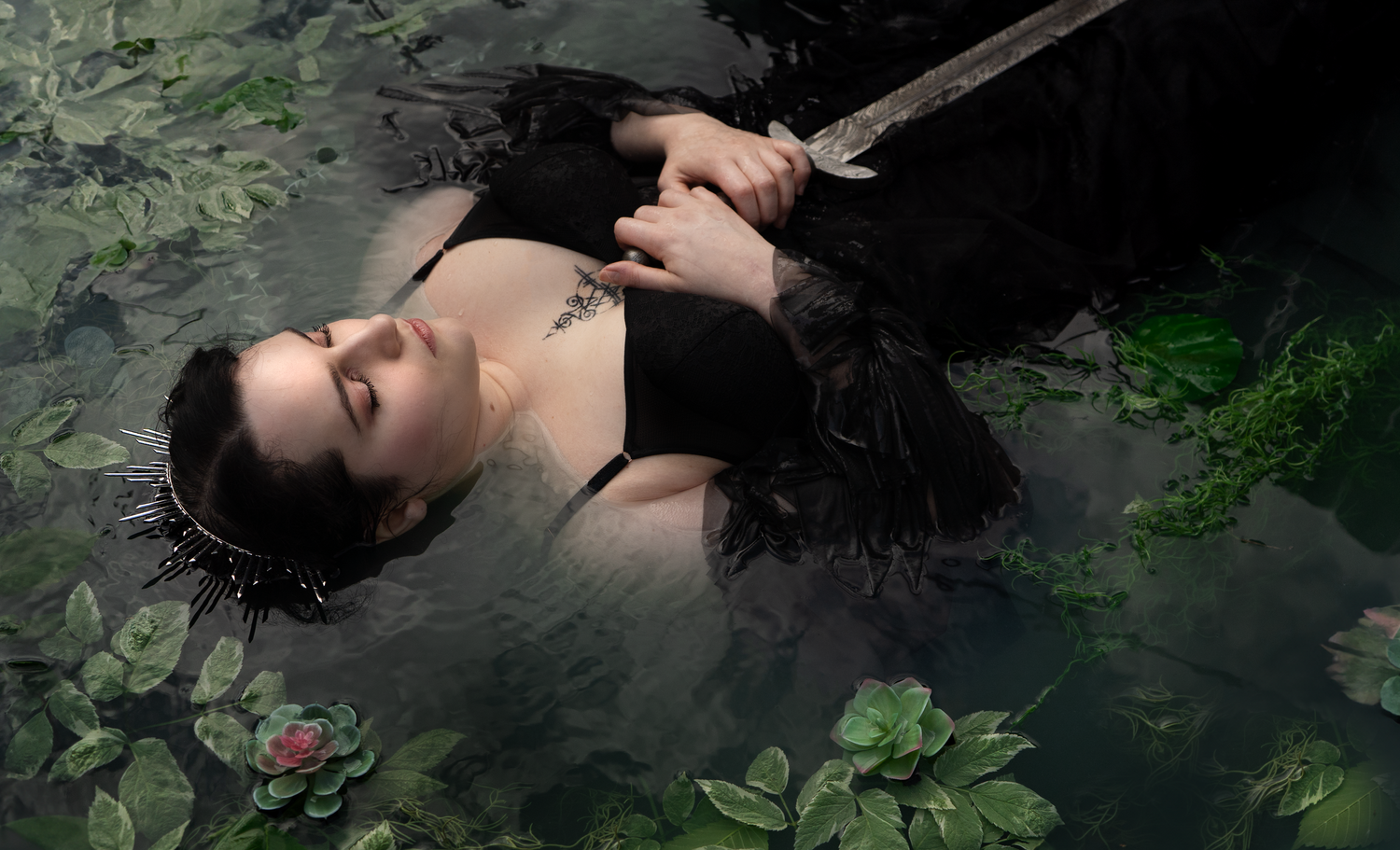 Lady of the Lake, Ophelia pond themed photoshoot with lily pads