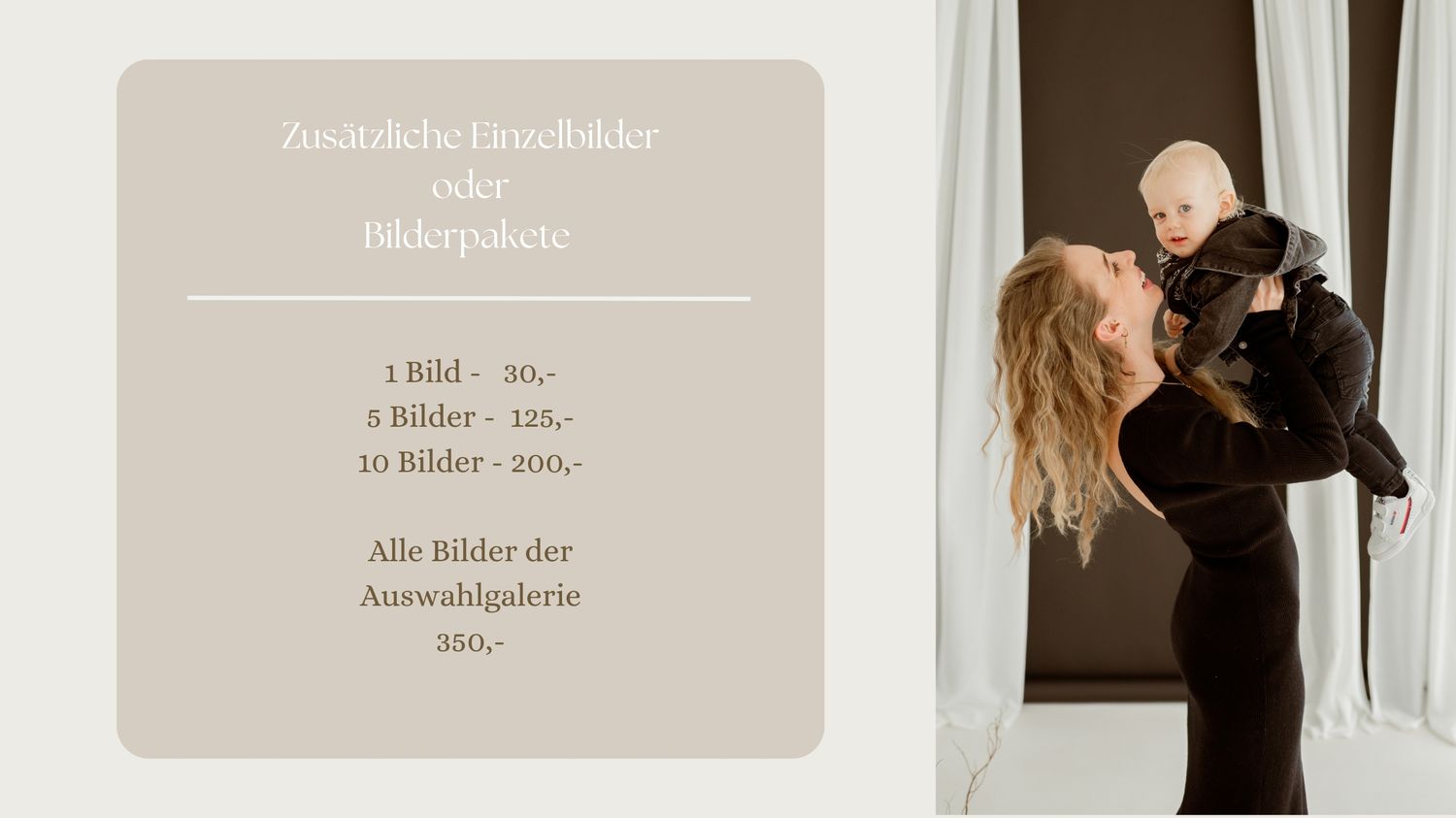 Minimalist photography price list with black and white studio portrait.