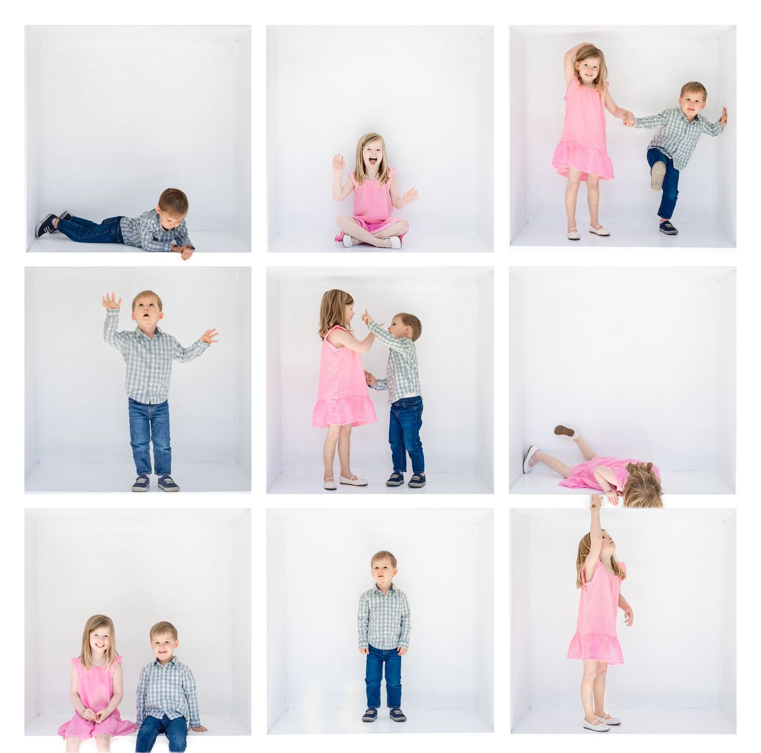 Photo collage of siblings in pink and blue outfits against white background.
