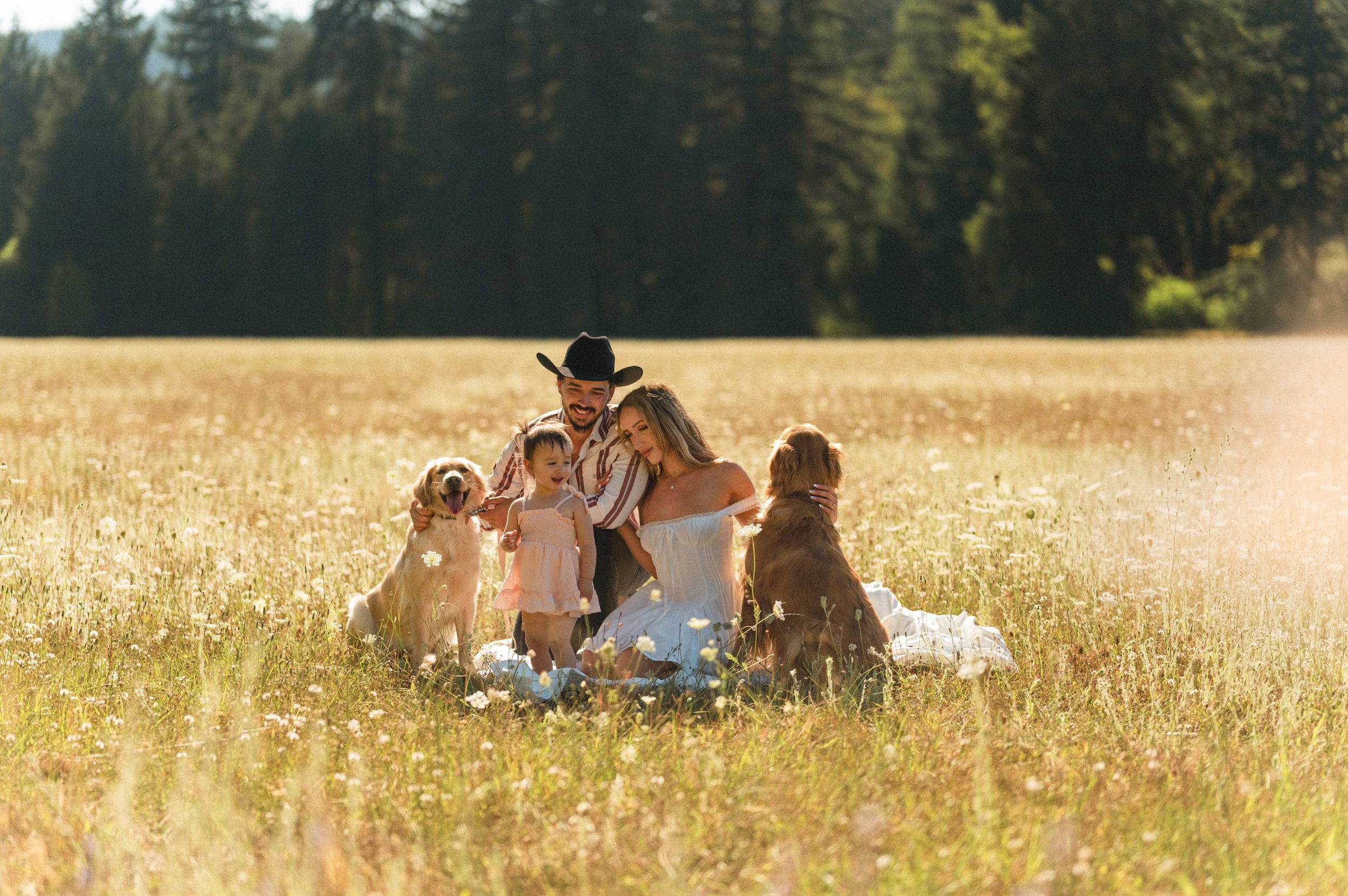 Group enjoying a summer day in a golden field with forest backdrop.