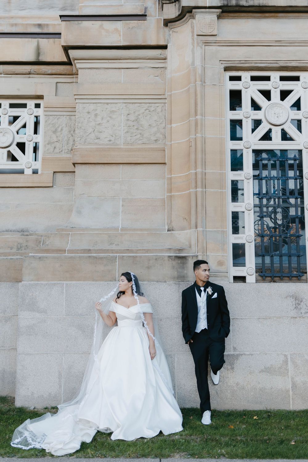 Elegant portrait of newlywed couple on their wedding day
