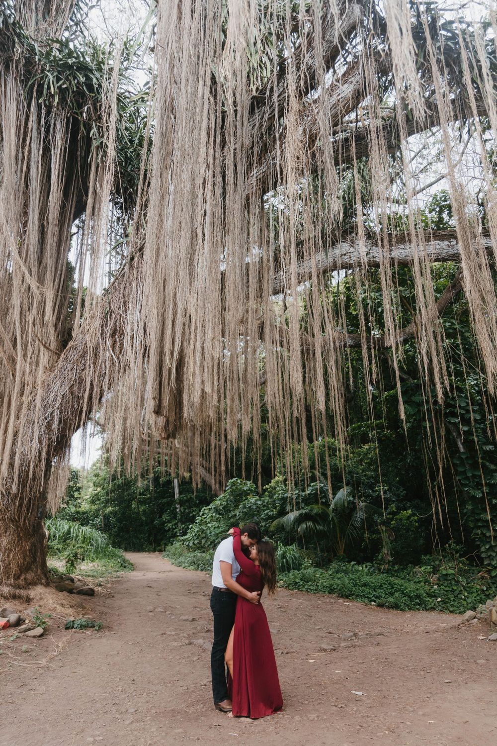 Couple posing under dramatic tree in Hawaii
