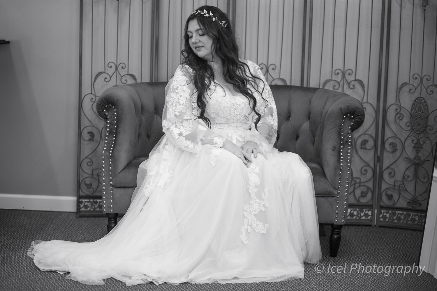 beautiful bride getting ready for the ceremony in her wedding dress