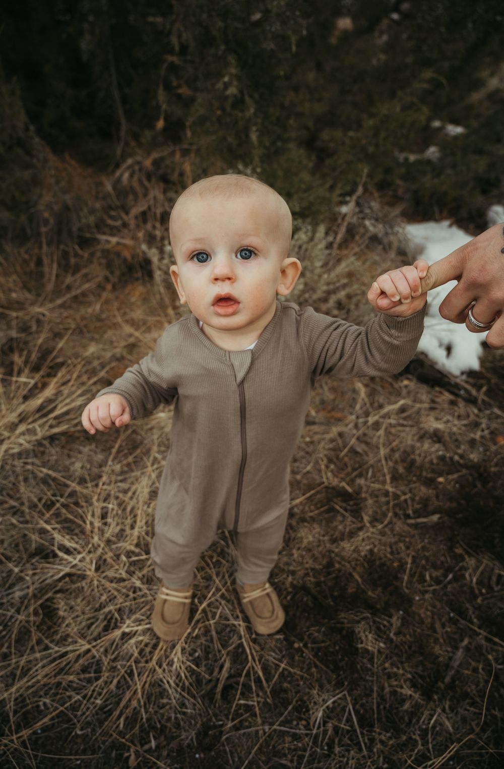 Baby in tan outfit sitting on ground with dried plants in outdoor setting.