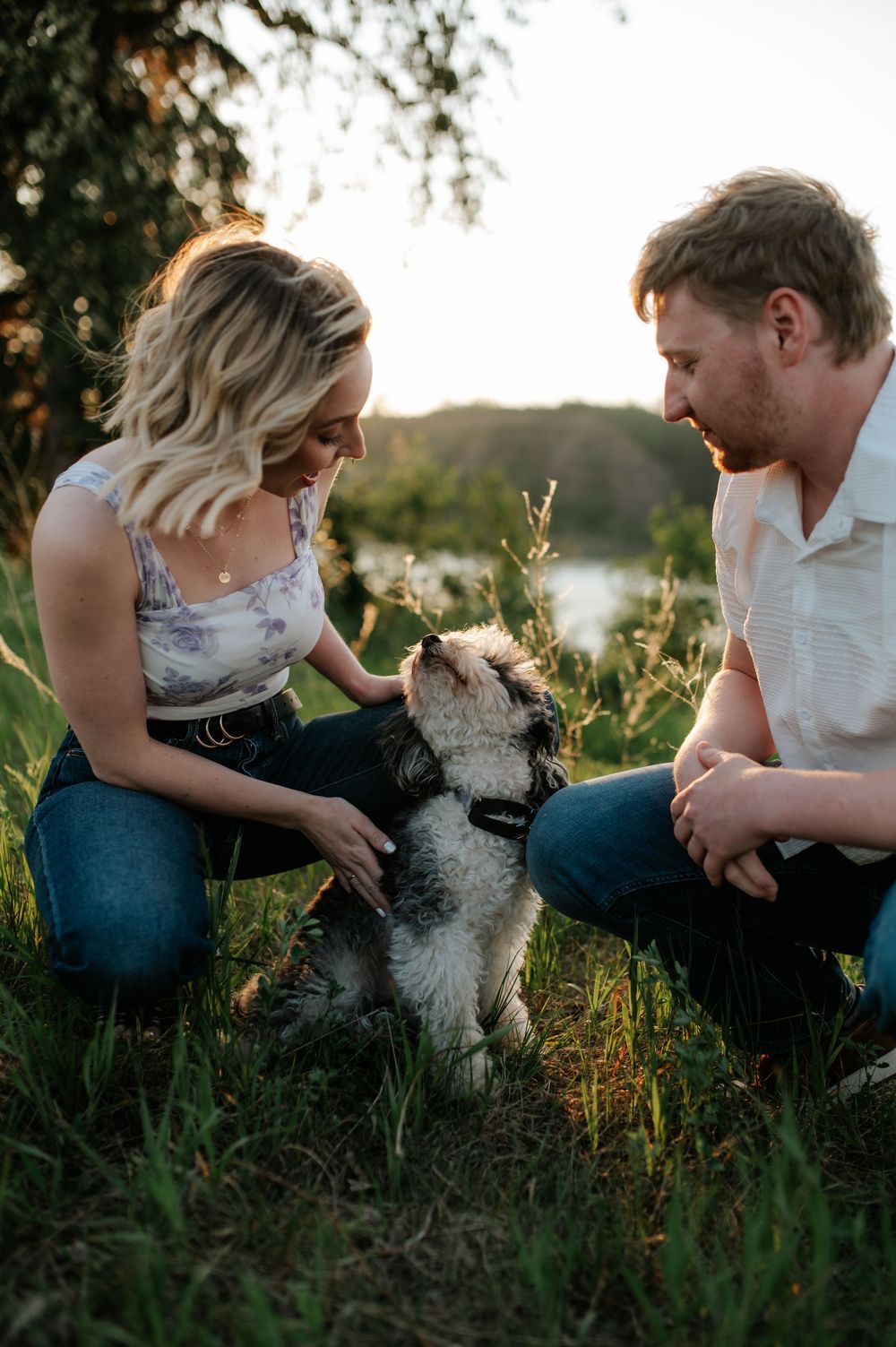 A couple kneels in tall grass at sunset with their wire-haired terrier mix dog between them.