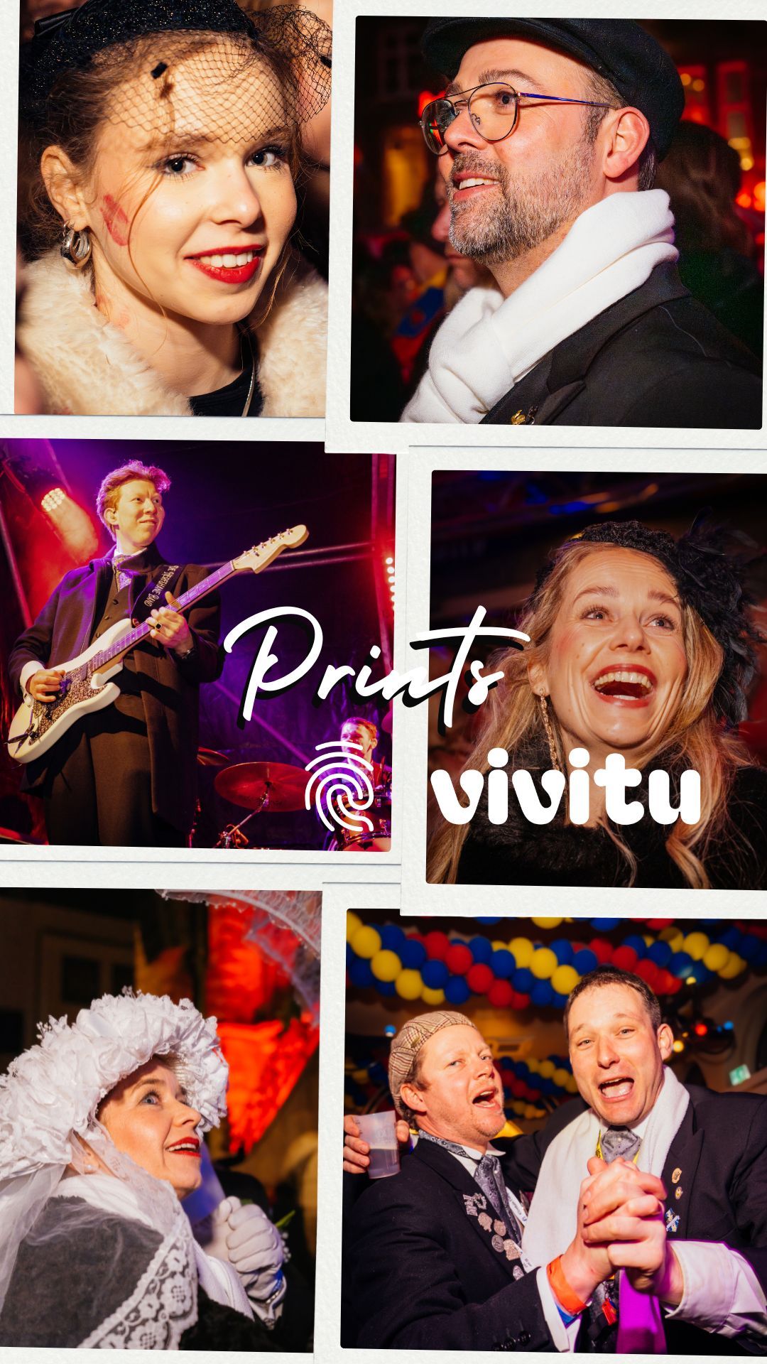 Photo collage showing four individual portraits with a central Vivitu branding element, used for mobile preview.