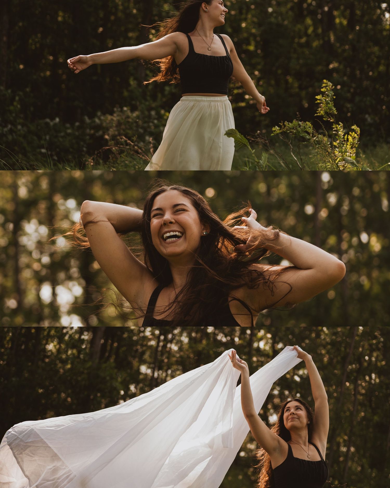 A group of friends in semi-casual attire dance and laugh outdoors at golden hour in a wooded area.