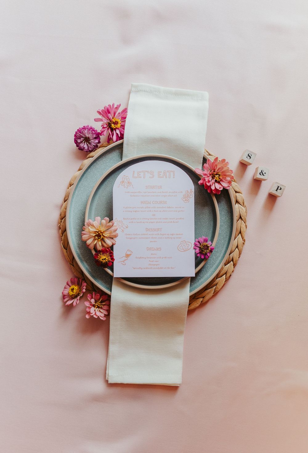 wedding menu and set up on a colorful romantic background