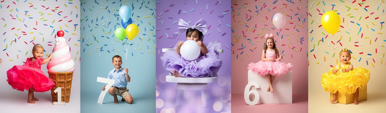 Colorful art photo collection featuring confetti, balloons, flowers and objects against vibrant backgrounds in grid layout.