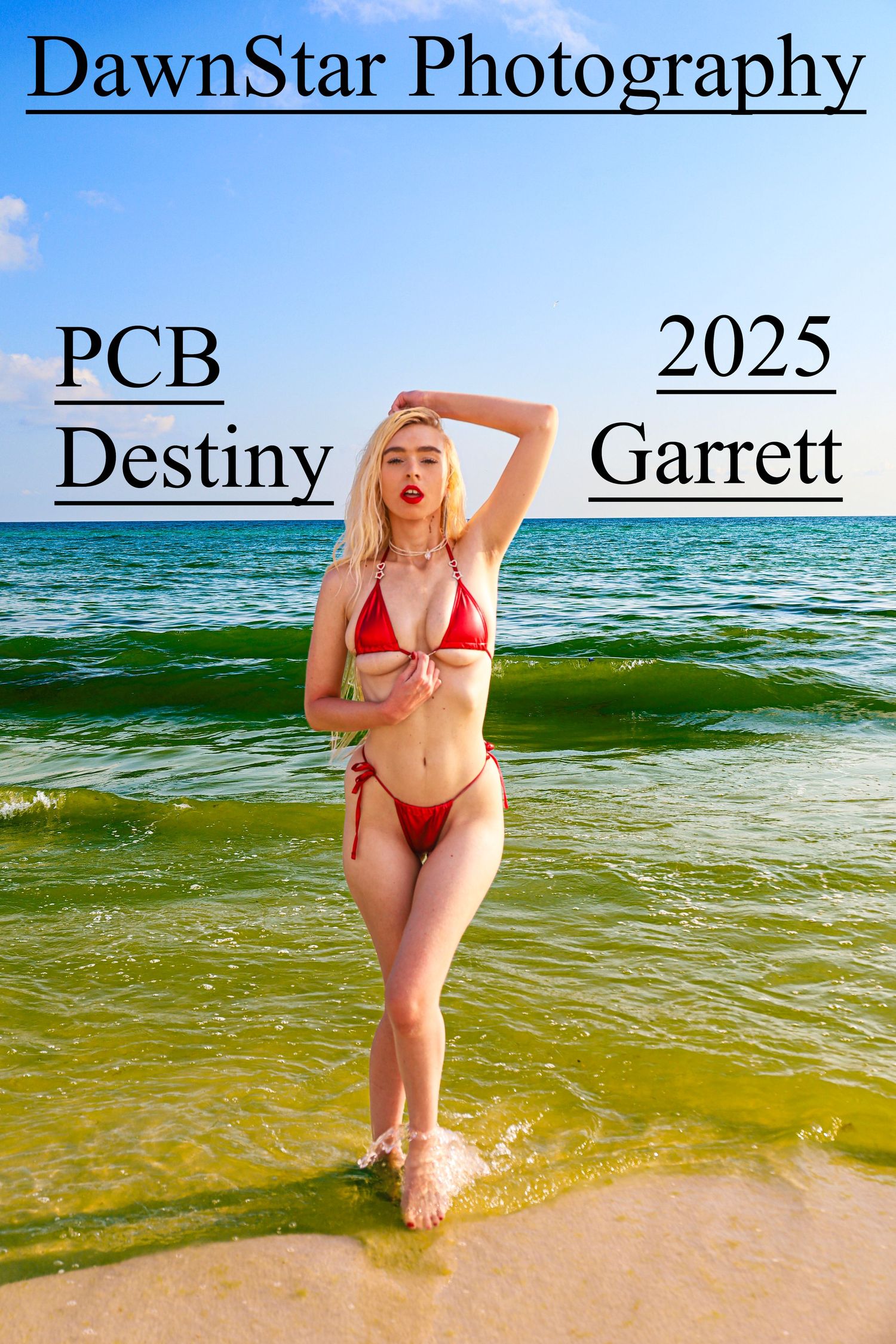 A person in a red bikini poses at the shoreline where turquoise ocean waves meet sandy beach on a sunny day.