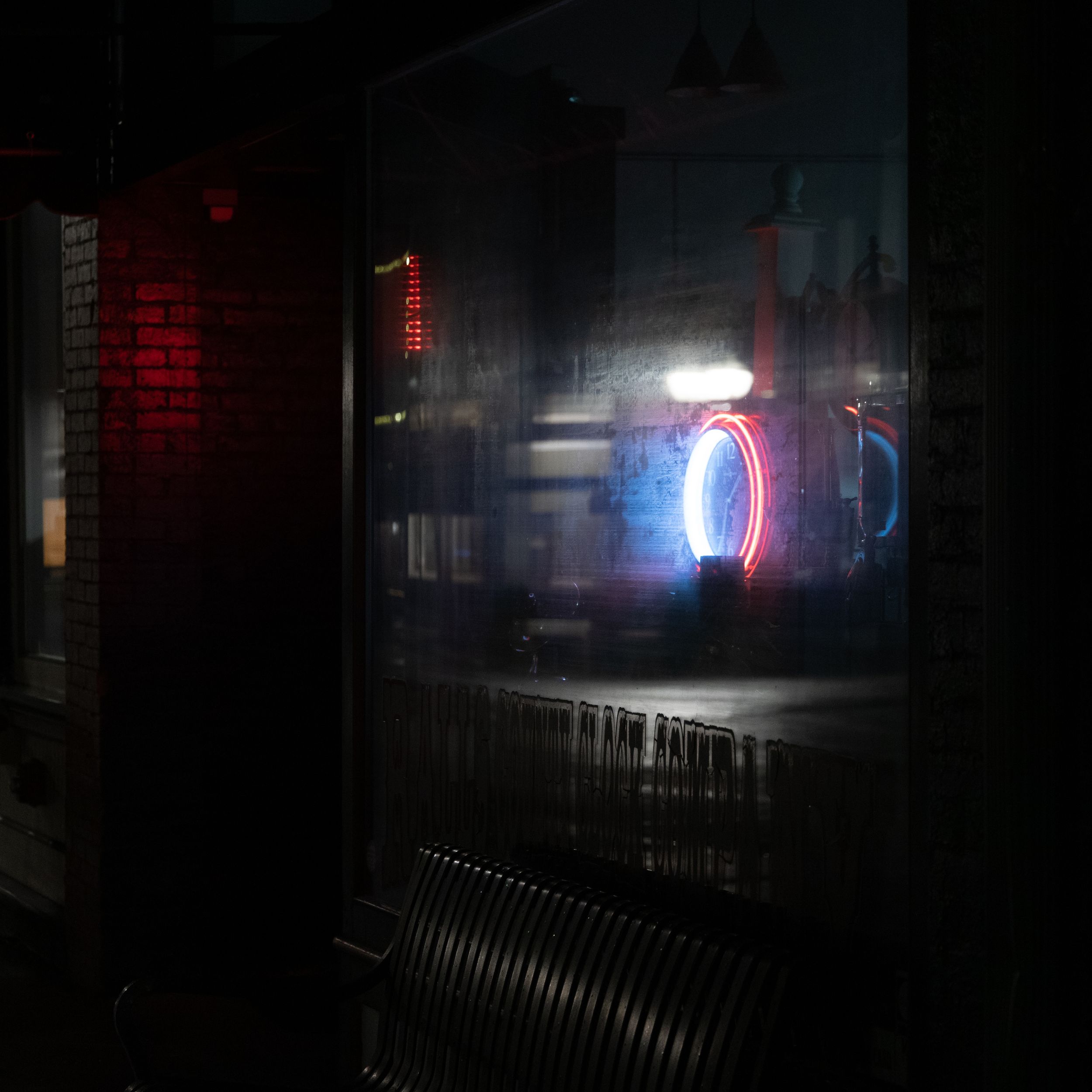Creative photo of a storefront at night in small town America