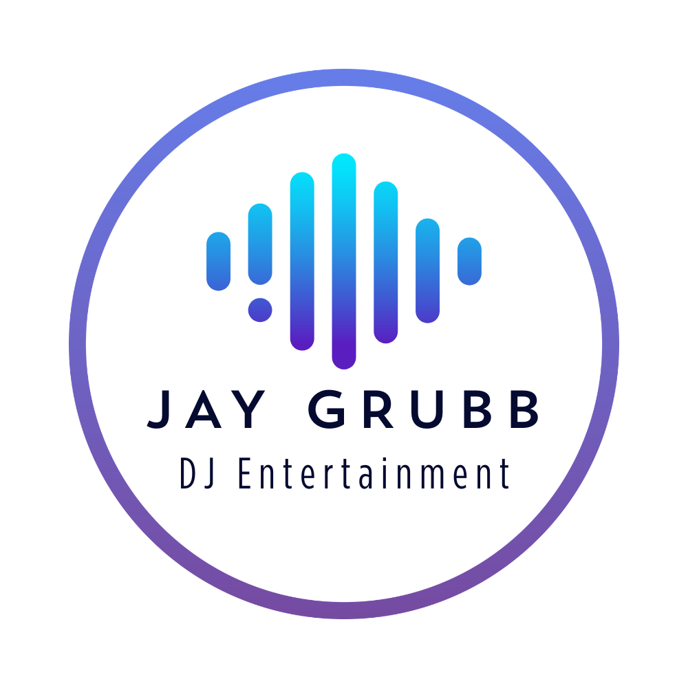 Jay Grubb DJ Entertainment logo with sound wave graphic in blue and purple gradient inside a circle.