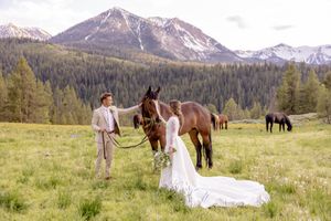 Bride and groom pose with a brown horse in a mountain meadow with snow-capped peaks and pine trees in Jackson, Wyoming.