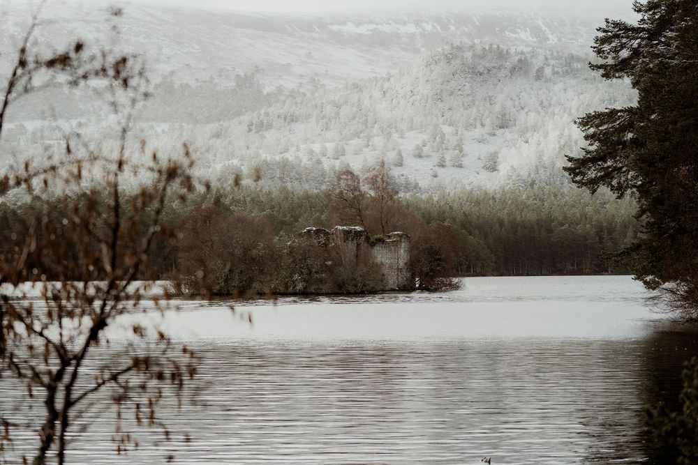 Misty winter lake with snow-dusted forested hills and a bird in flight over calm grey waters.