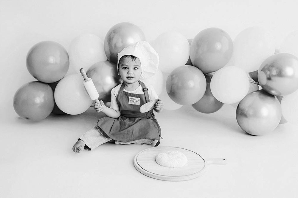 Menifee child photographer black & white photo of 2 year old boy birthday photoshoot.