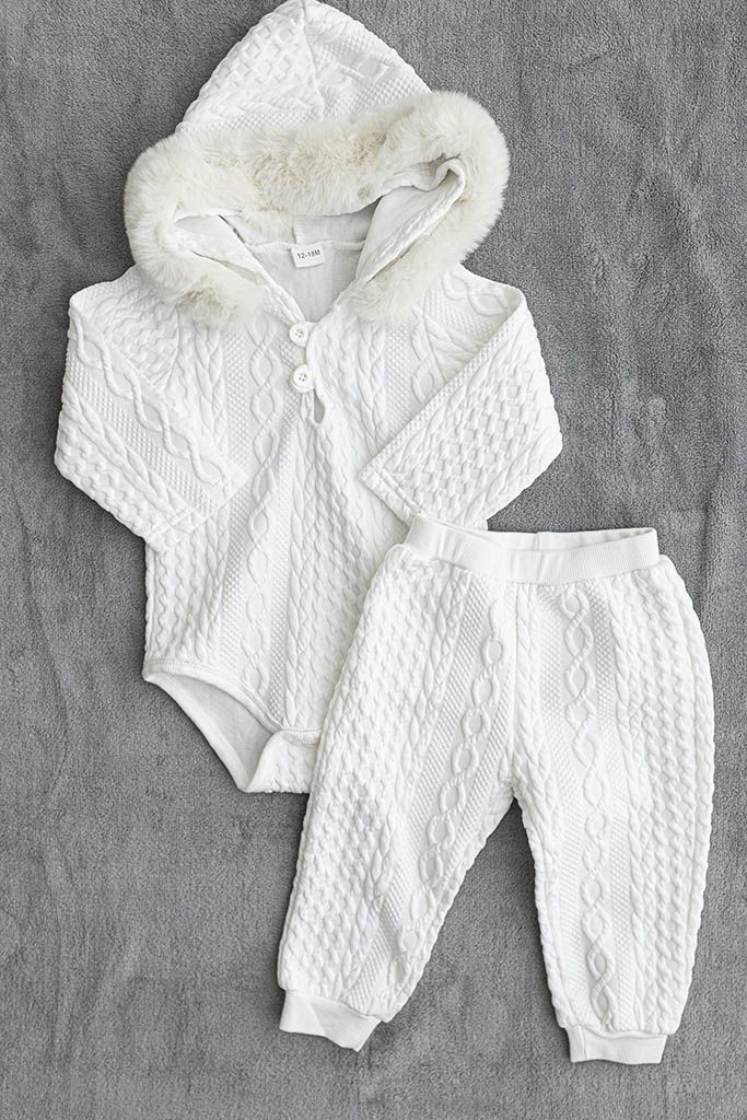 Hooded fur knit baby outfit for baby photo session.