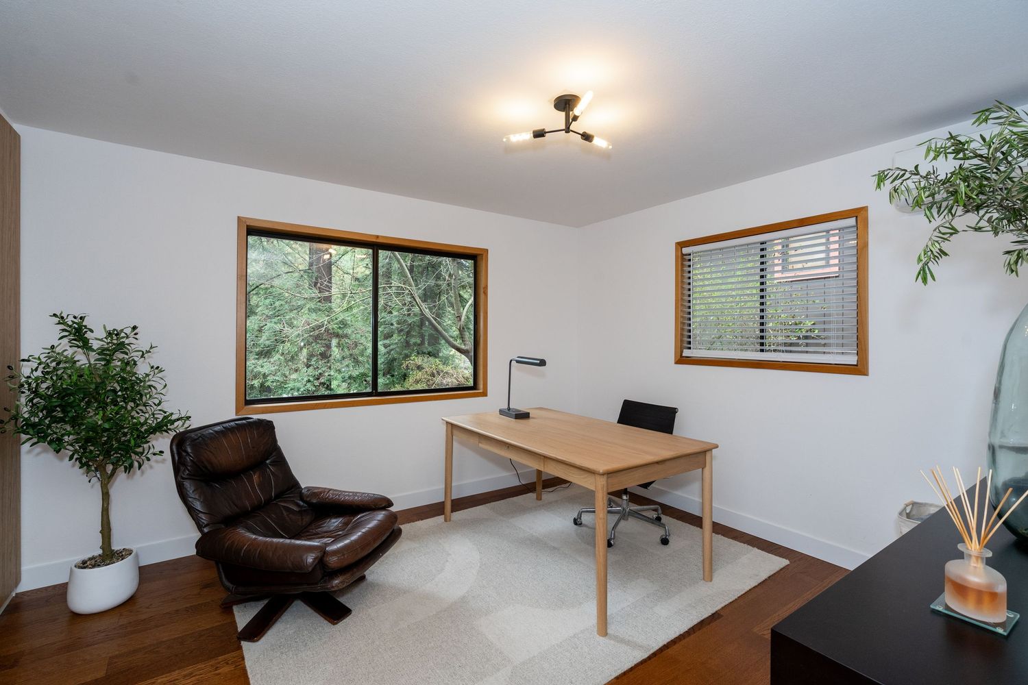 Bright home office with wood desk, leather chair, area rug, and two windows overlooking lush green trees.