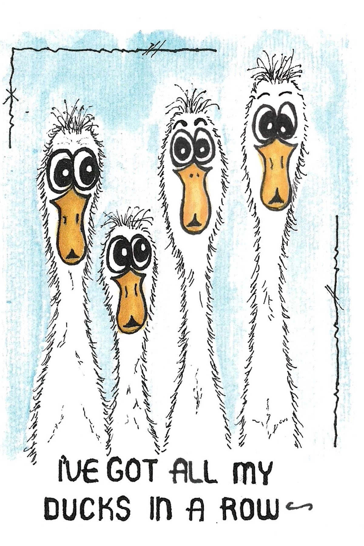 Row of cartoon ducks with silly expressions and big eyes looking to the side.