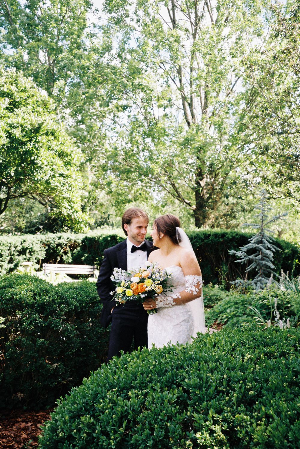 A wedding couple shares an intimate moment in a landscaped garden with manicured hedges.