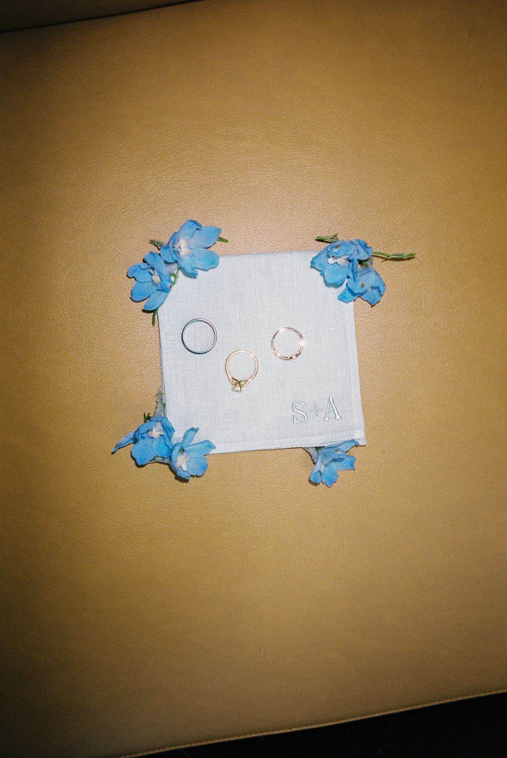 Wedding rings and jewelry displayed on white fabric with blue delphinium flowers as decoration.