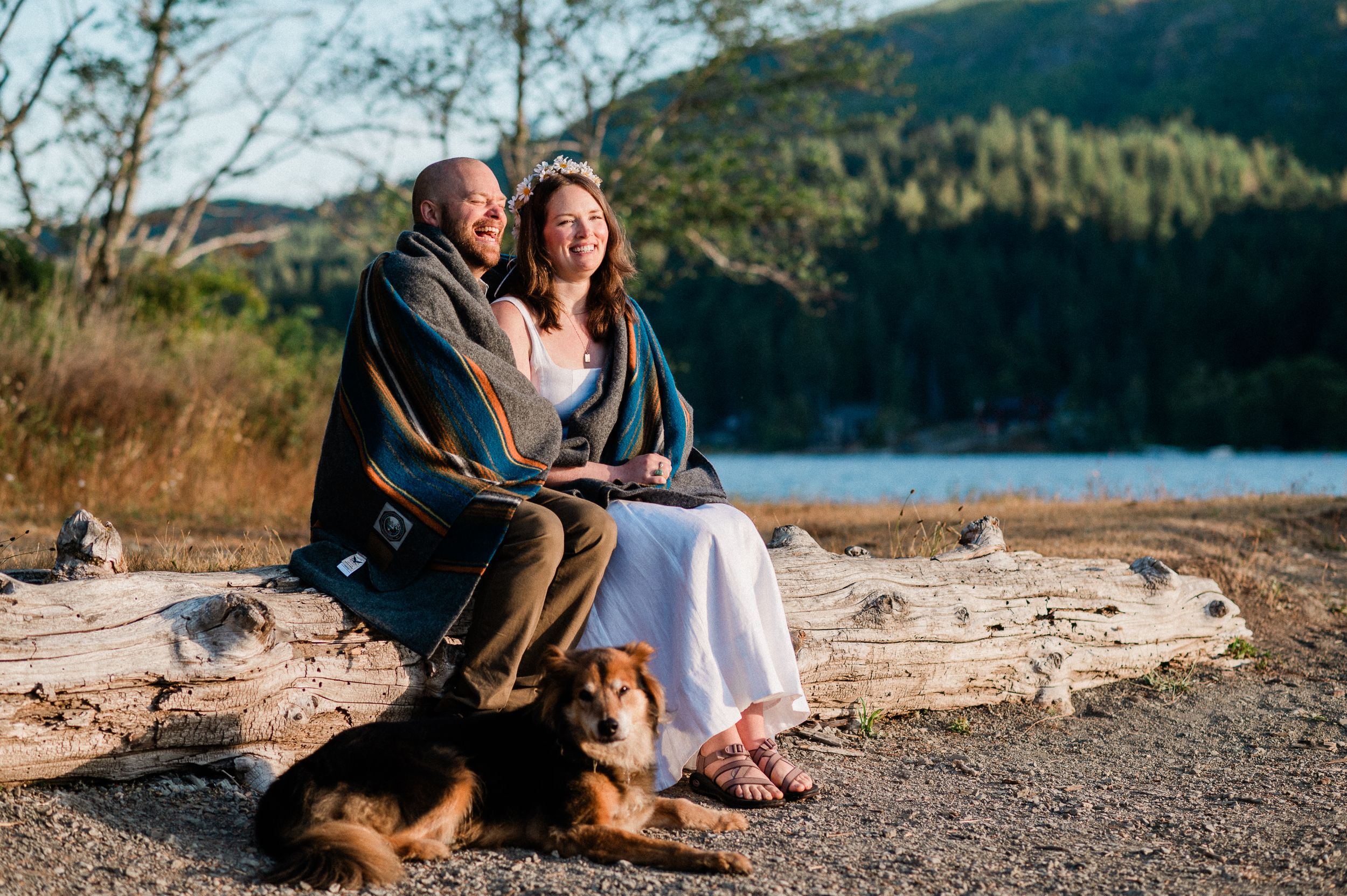 A wedding couple sits with their dog on a rocky beach overlooking a serene lake surrounded by mountains in Olympic National Park.