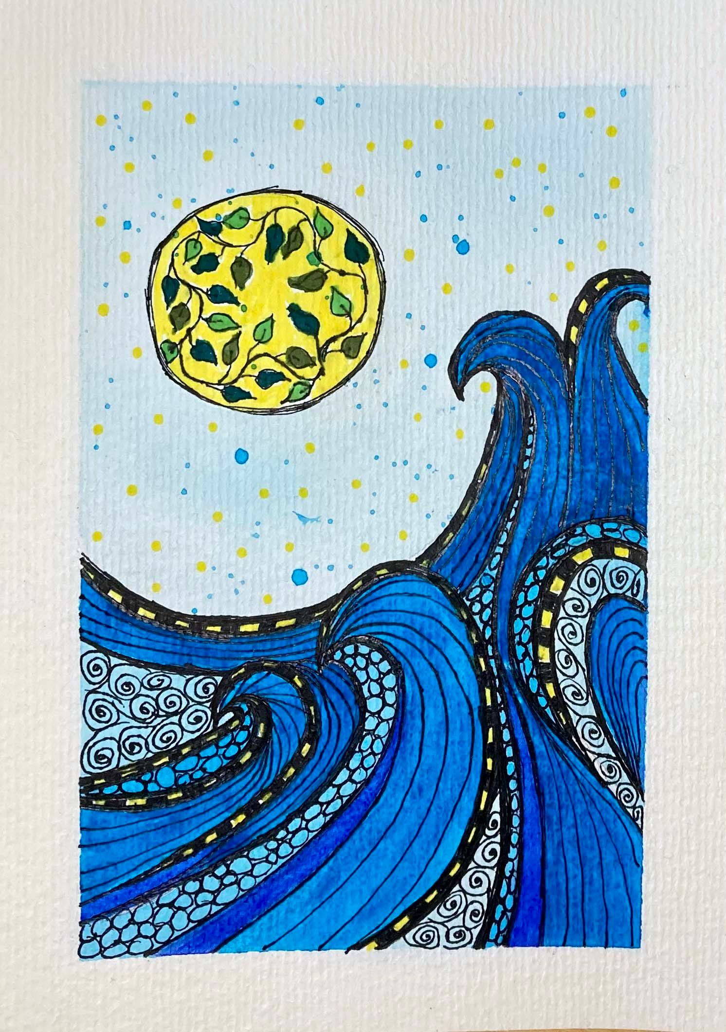Progressive watercolor painting of blue waves with yellow moon and dotted pattern.