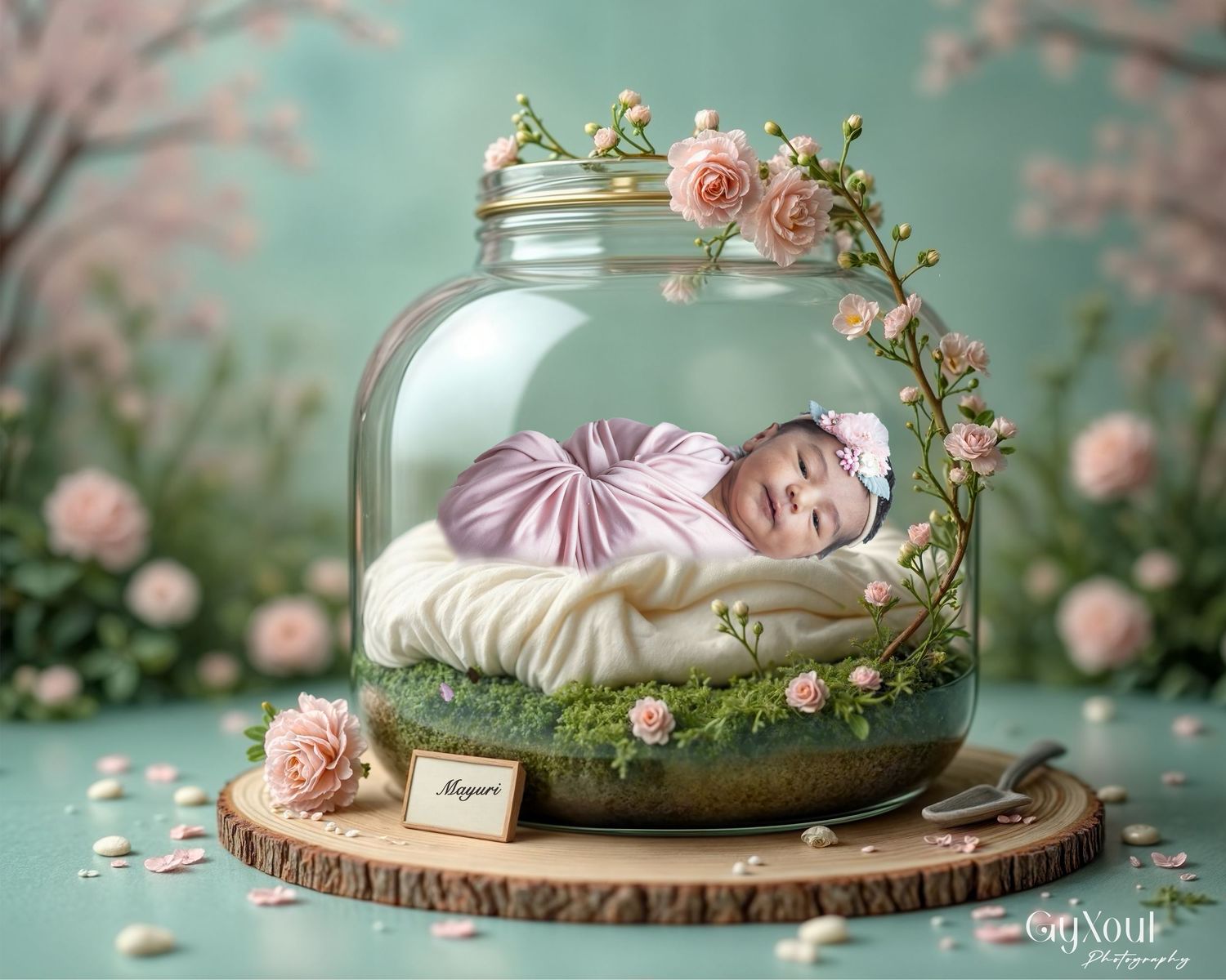Newborn photography composite showing glass cloche with pink roses and greenery on wooden slice in dreamy setting.