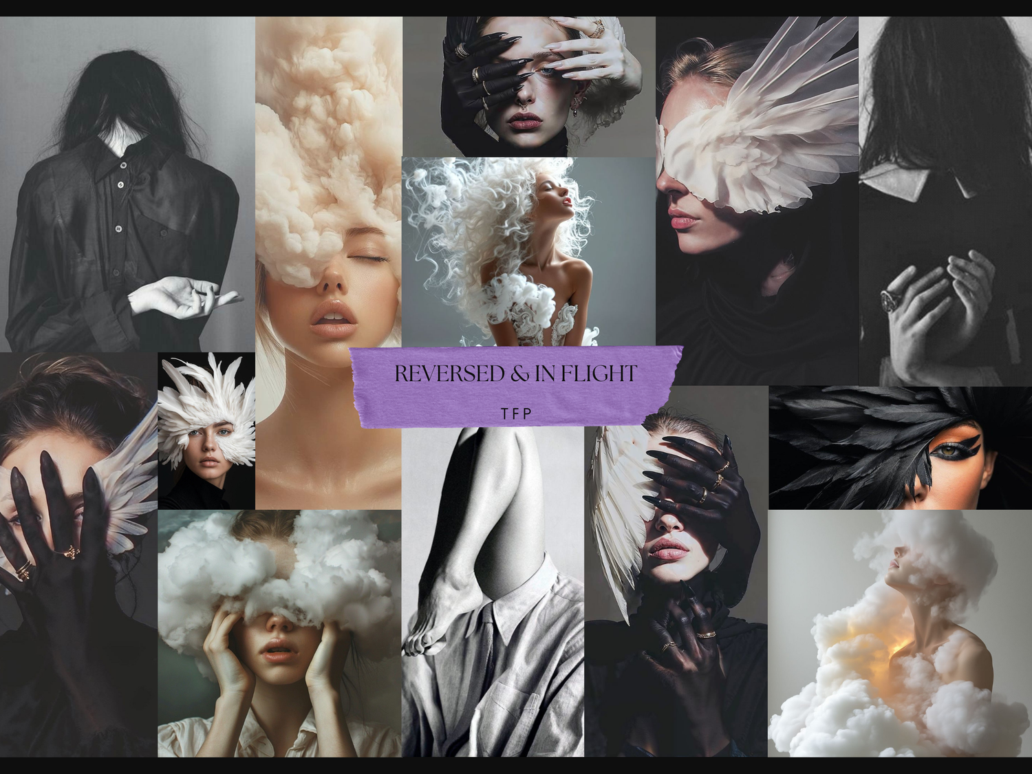 A collage of artistic black and white photographs showing hands, faces, and dramatic lighting effects.