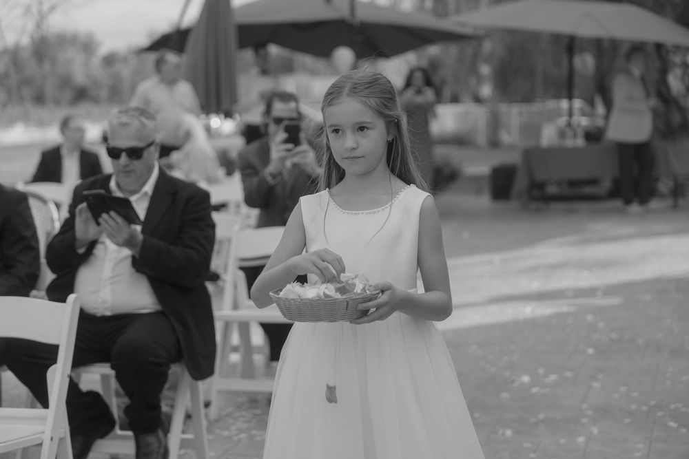 Wedding party toasts with champagne glasses during an outdoor celebration.