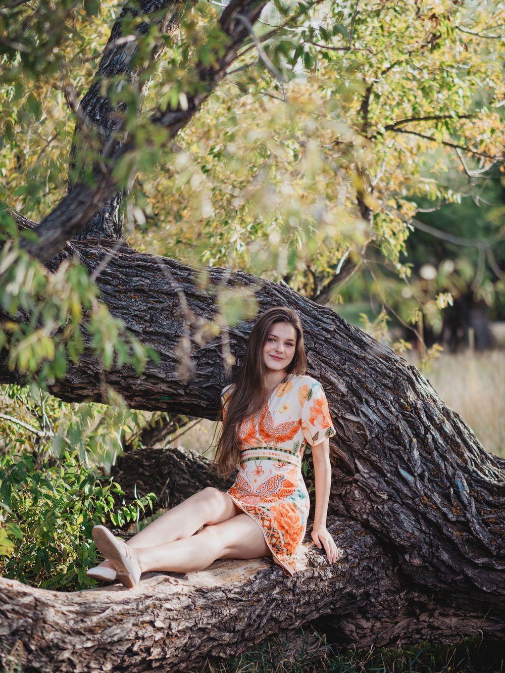 A person in an orange and white dress poses gracefully on a fallen tree trunk in a sunlit natural setting.