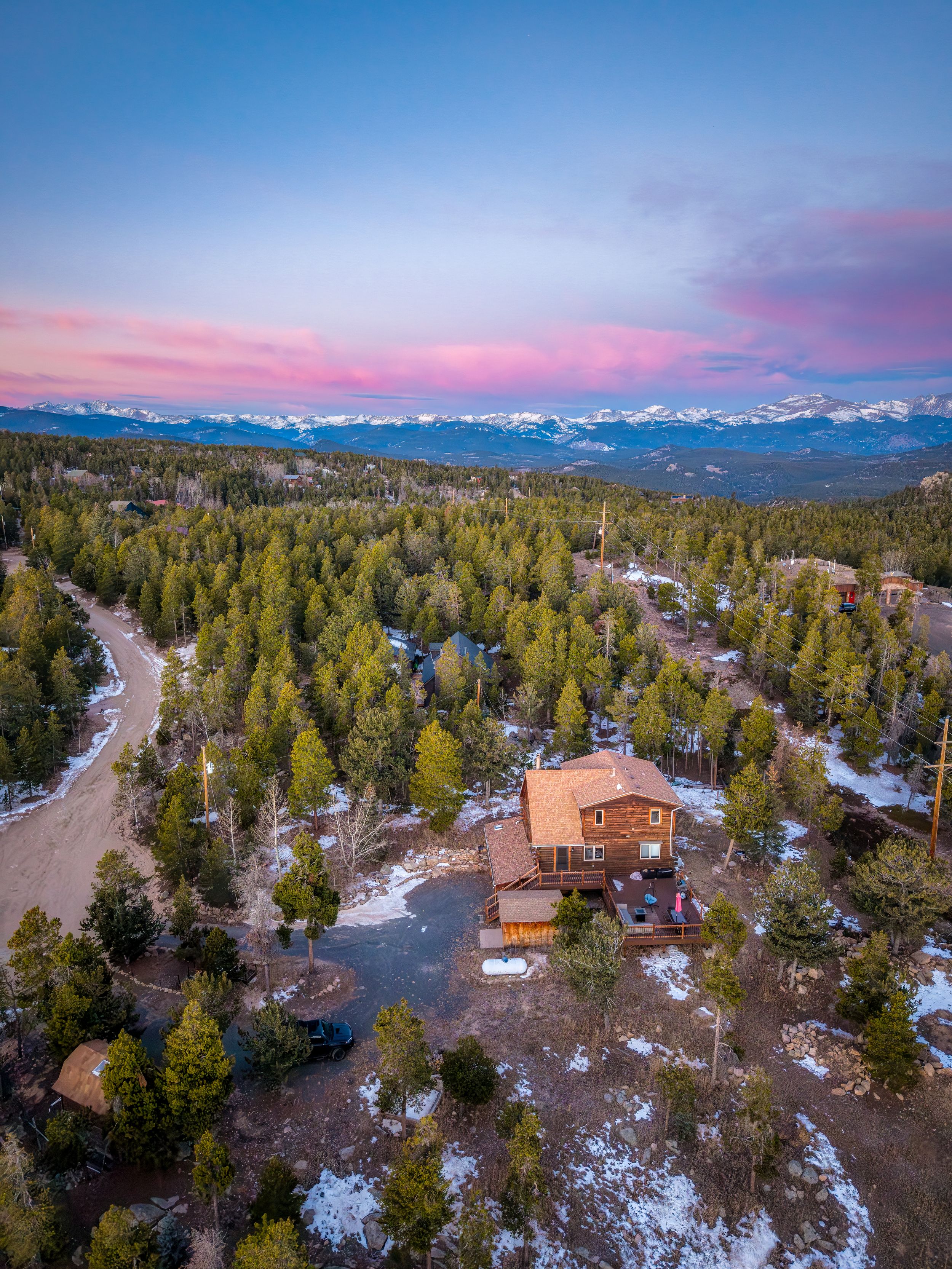 Aerial/drone photo of the Colorado Lodge AirBnb property by Denver Hospitality, Travel & Tourism photographer Captain Colorado Photography.