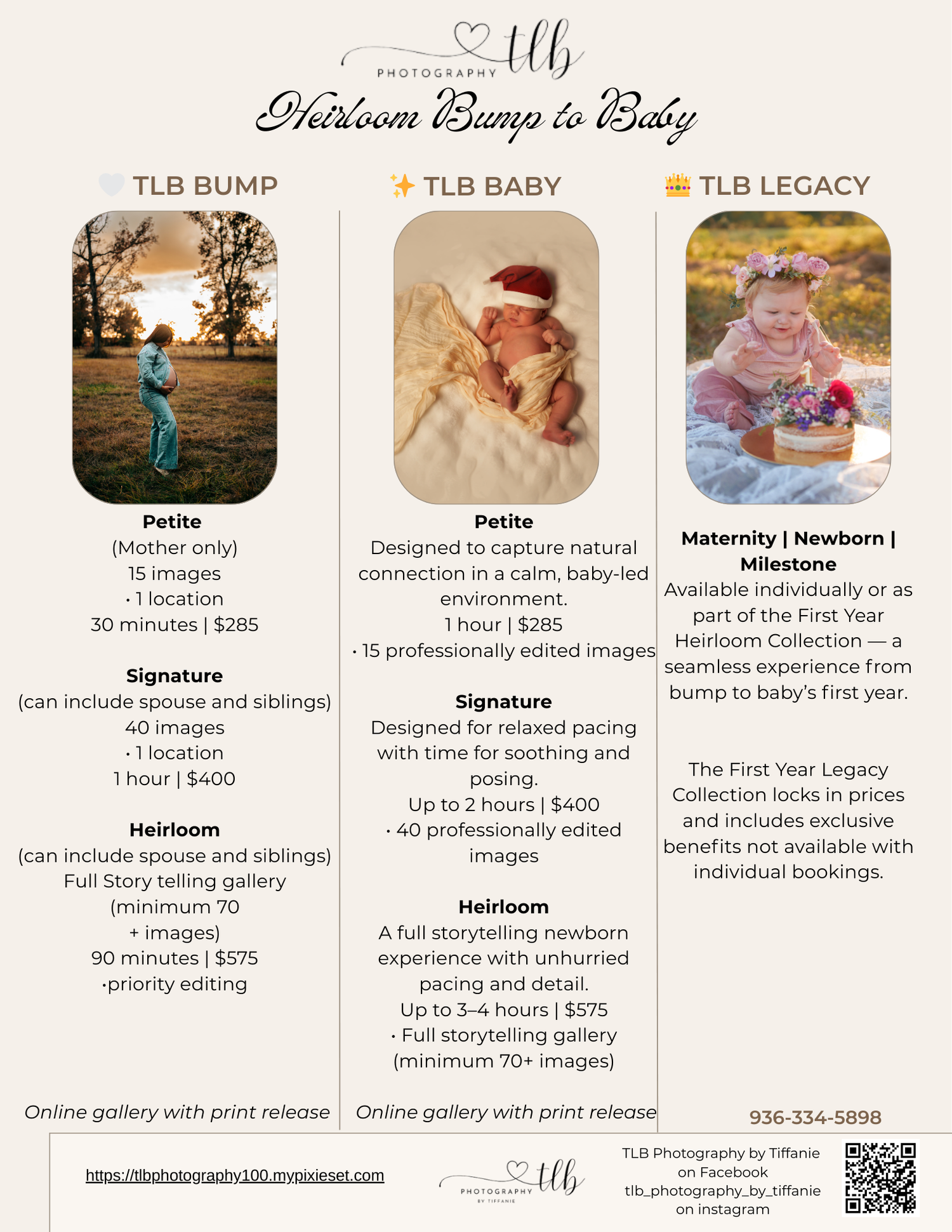 Photography pricing menu displaying maternity and baby photo session packages with sample images.