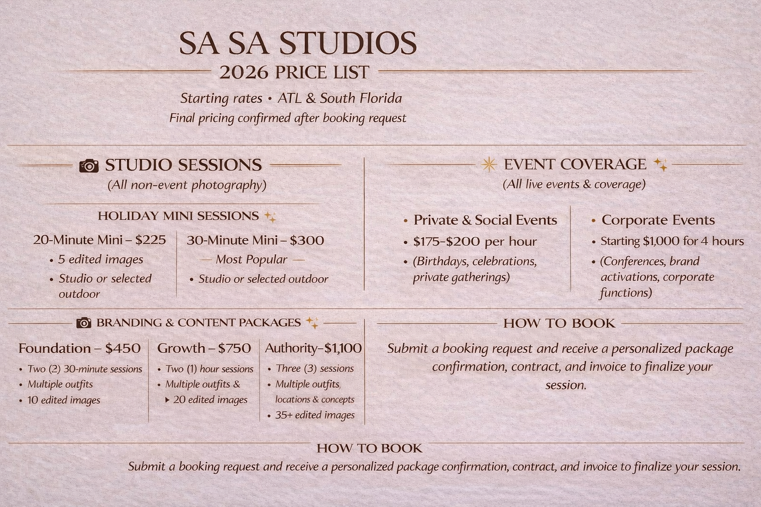 A pink-tinted photography price list showing studio session packages and event coverage rates from SA SA Studios.