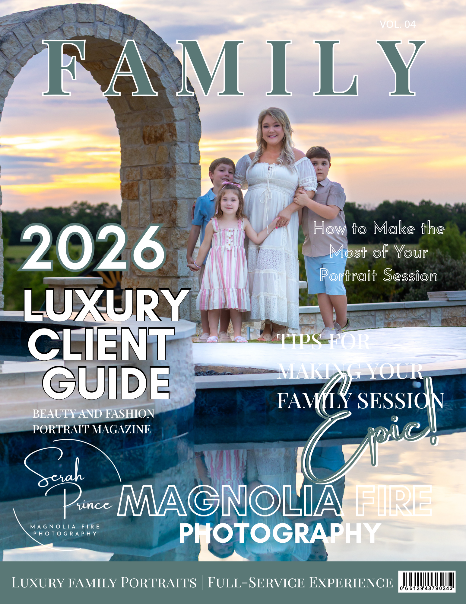 A collage of photography website banners featuring sunset backdrops and elegant text overlays for family portrait sessions.