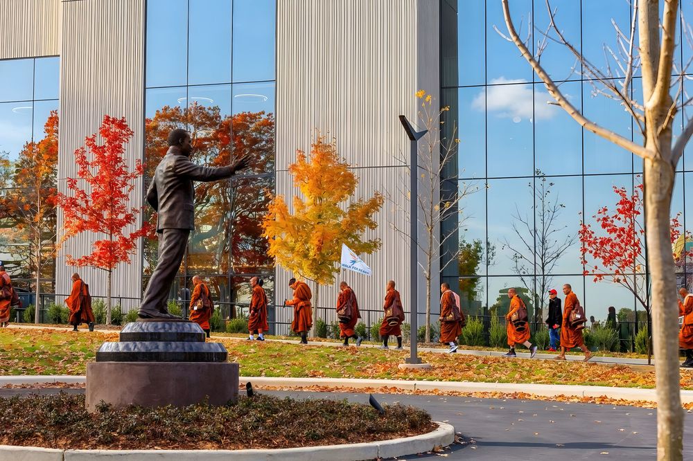 Modern glass building facade reflects autumn trees with vibrant red and orange foliage in an urban setting.