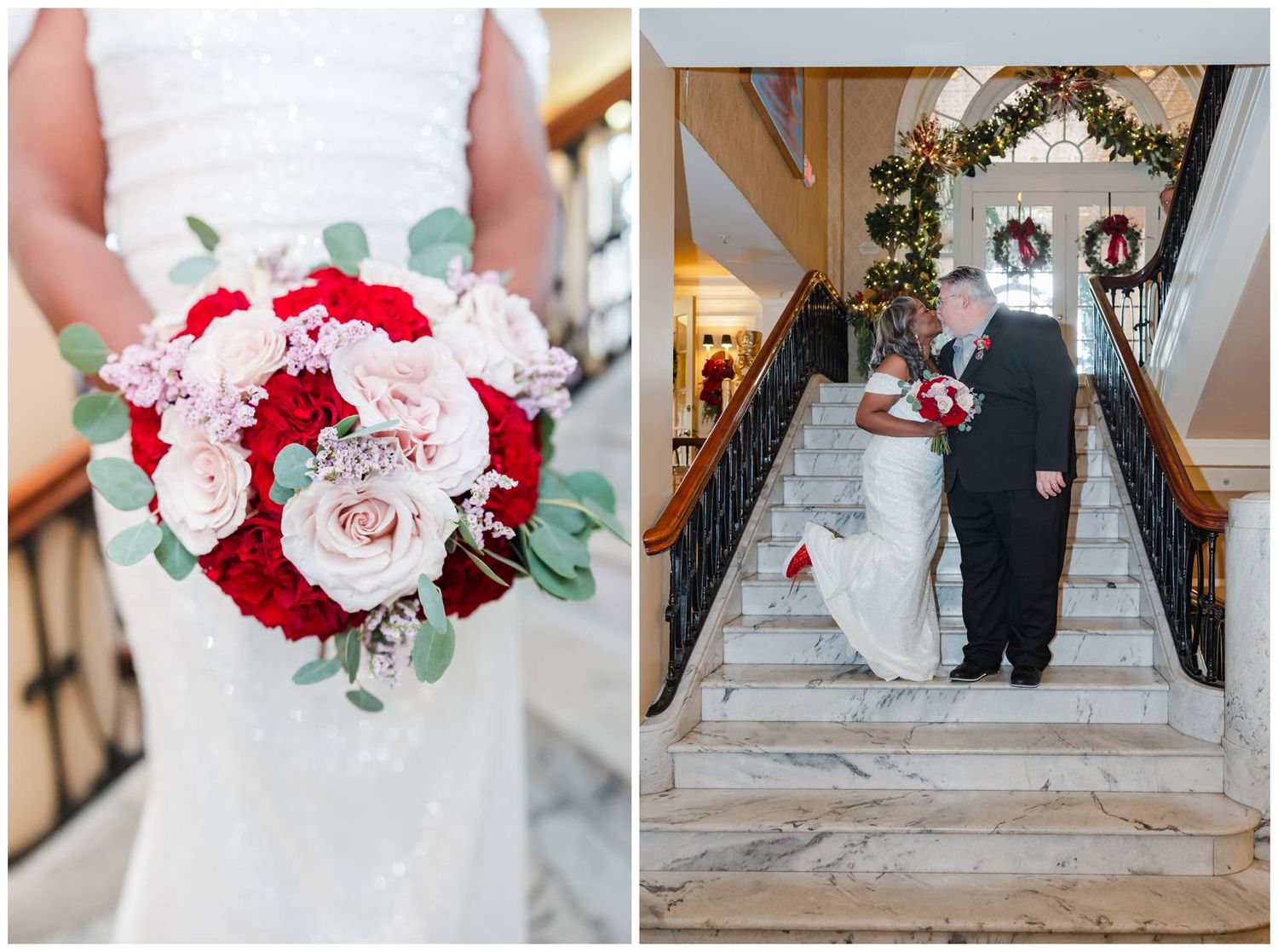 A collage of wedding photos featuring red and white roses, elegant staircases, and formal attire.