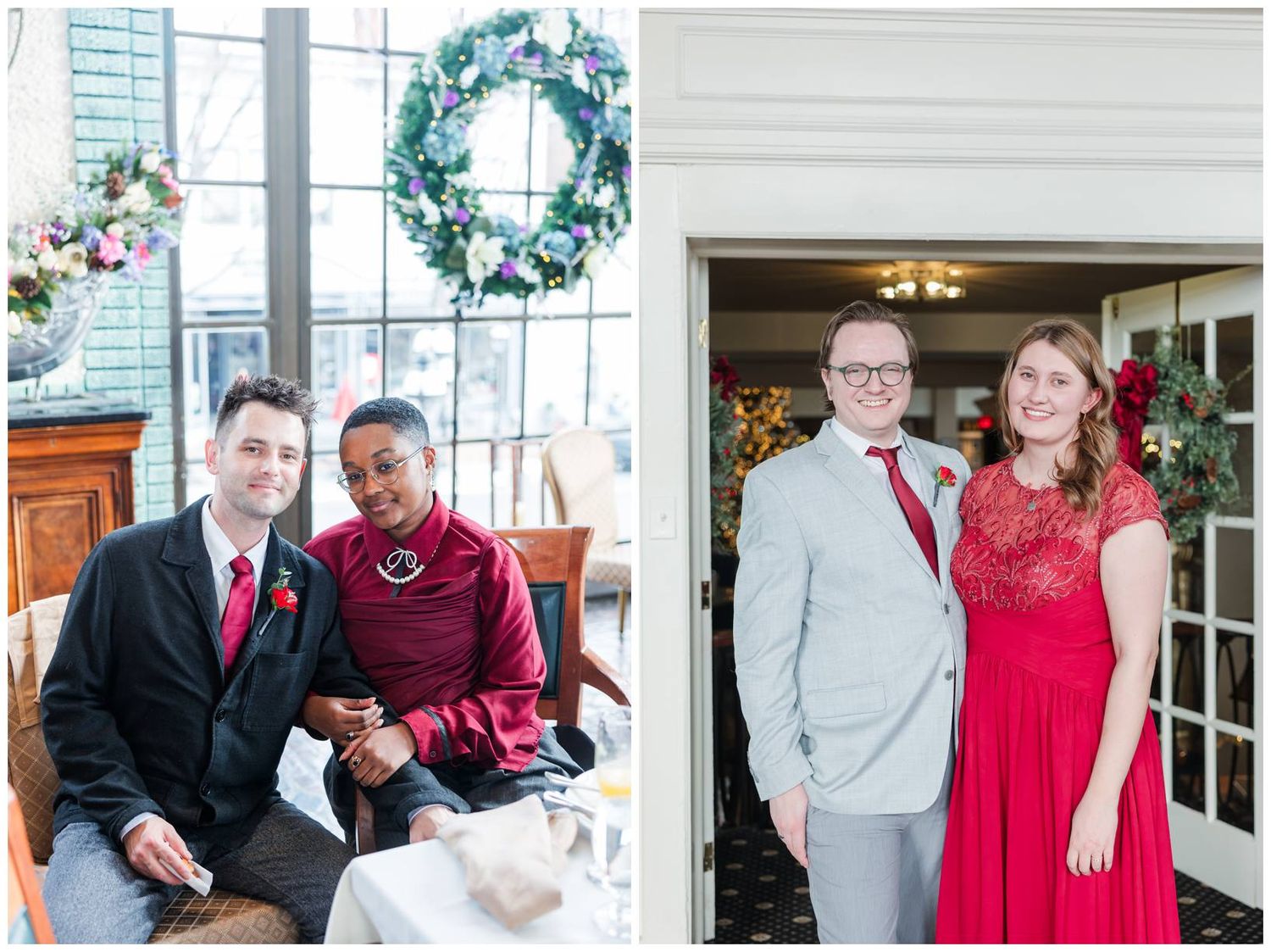 A collection of wedding photos showing couples and guests in formal attire with red and white color scheme throughout.