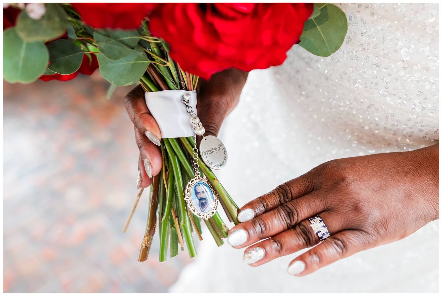 A close-up series of hands holding a red rose bridal bouquet wrapped in white ribbon against a light background.