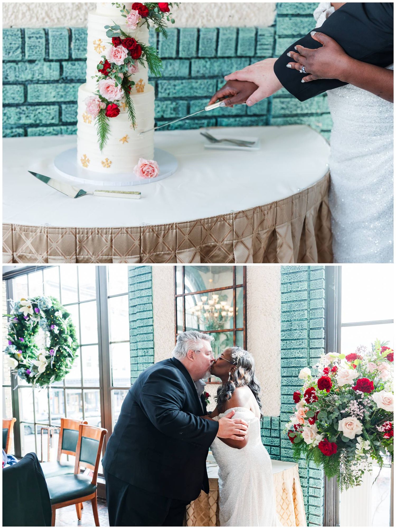 A couple shares an intimate moment during their wedding reception in a room with teal shutters and floral decorations.