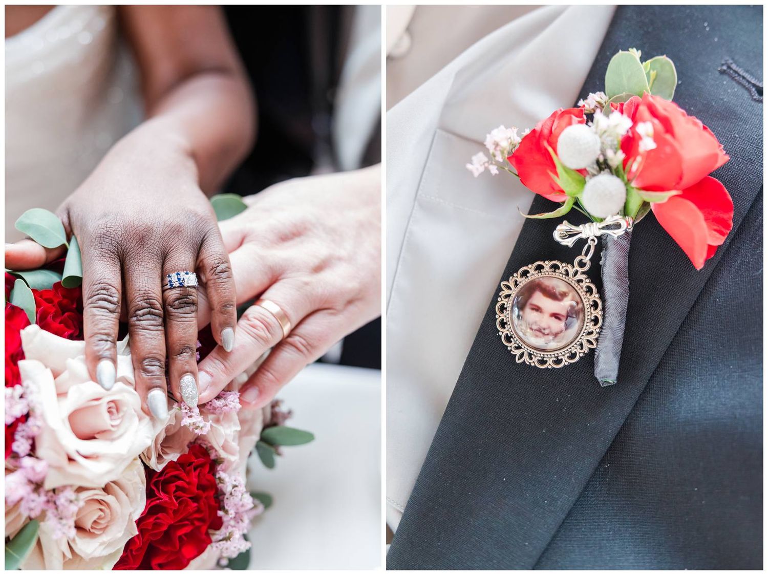 A collection of wedding detail photos showing rings, hands, flowers, and formal attire in red and white color scheme.