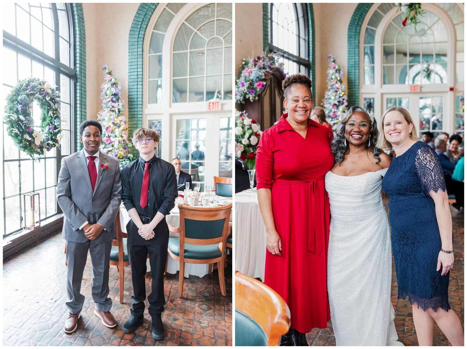 Wedding party members in formal attire gather for group photos in an elegant venue with large windows.