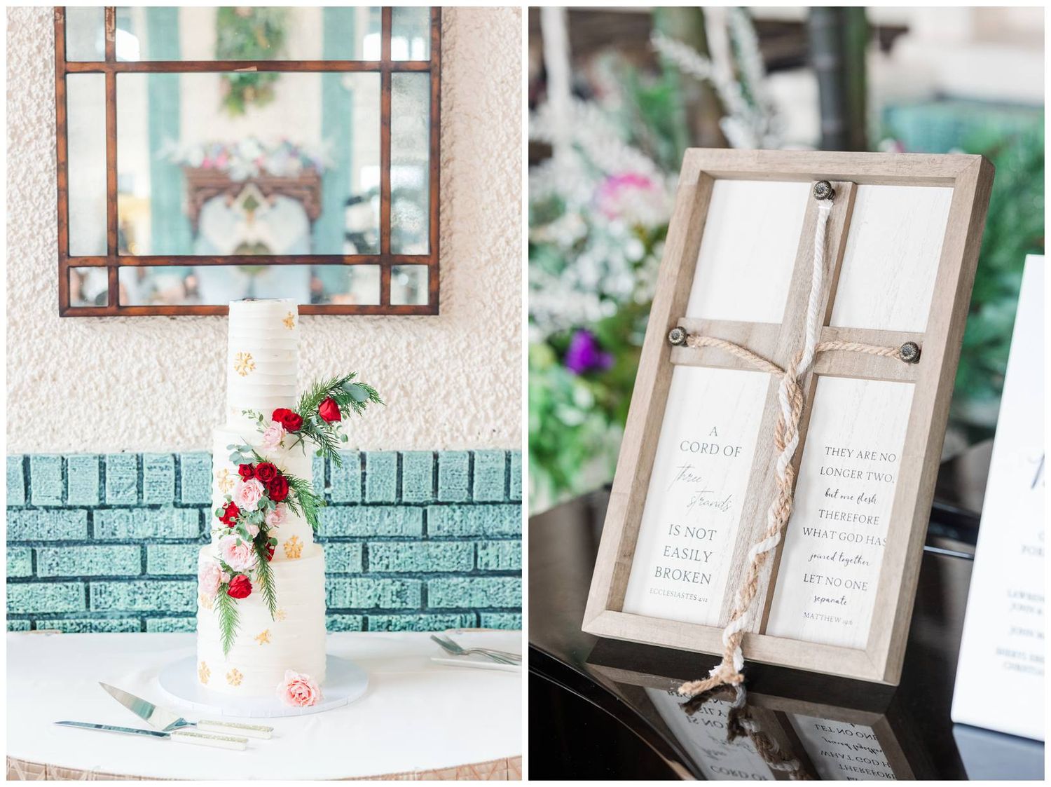 Wedding reception details featuring framed signage and decor against a turquoise wall background.