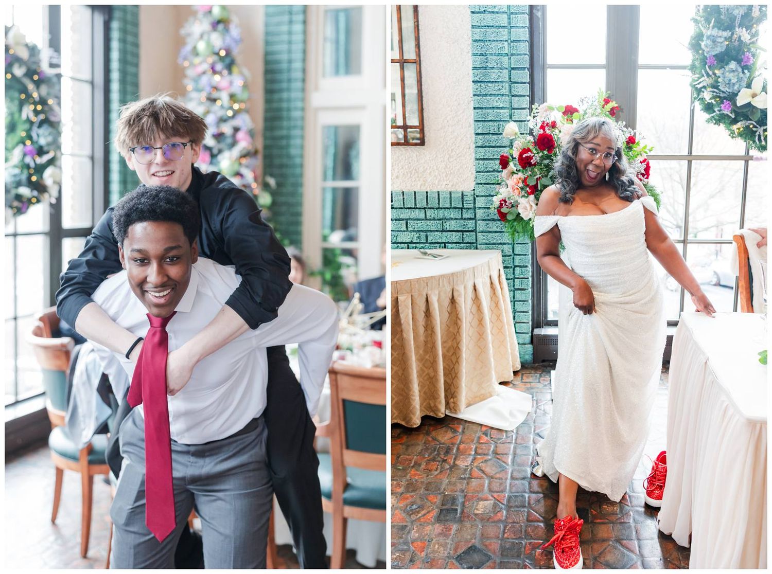 A series of candid moments captured during a wedding celebration at a venue with turquoise walls and white trim.