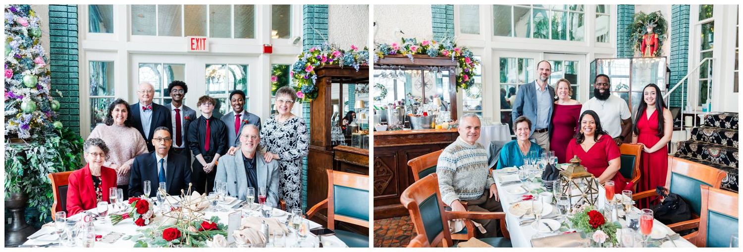 A collection of event photos showing people gathered in bright indoor spaces with festive table settings and decorations.