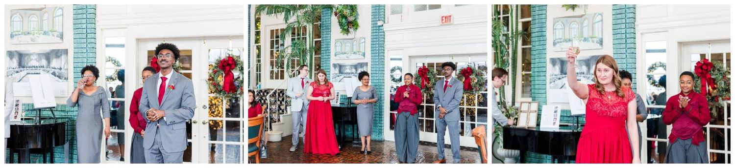 A series of casual outdoor portraits taken in front of a white-trimmed entrance with holiday decorations.