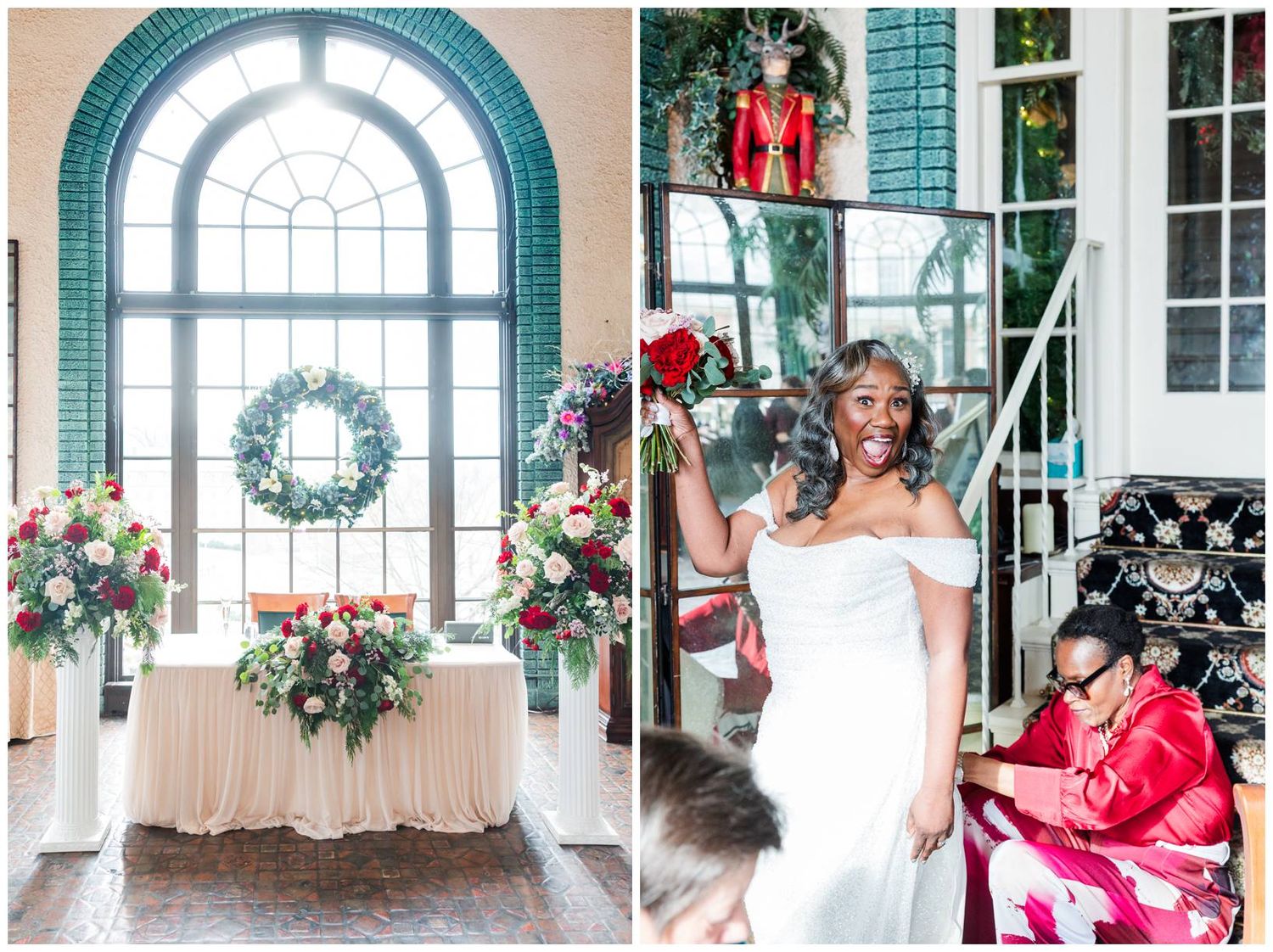 An elegant wedding venue features arched windows, floral arrangements and a decorative wreath.