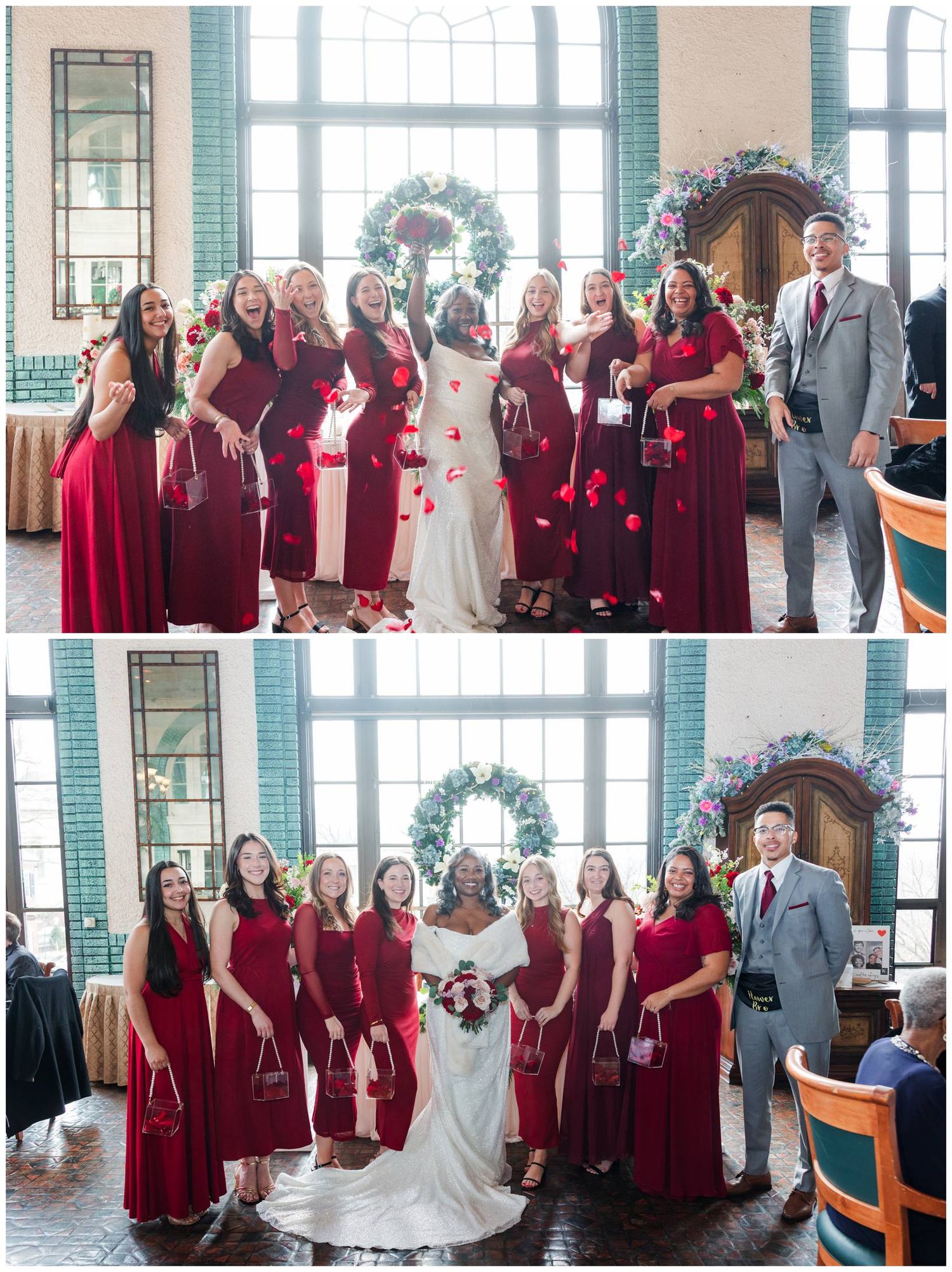 Wedding party in burgundy dresses poses together in a bright venue with large windows and turquoise accents.